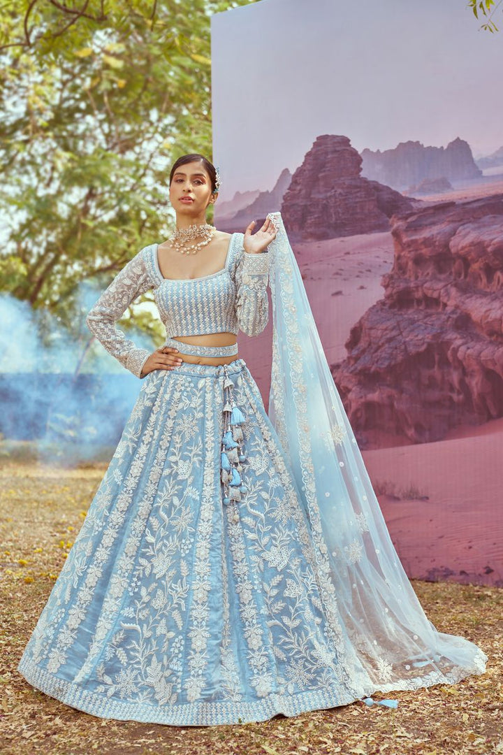 Sky Blue Organza Sequins embroidery Semi-Stitched Lehenga choli & Dupatta