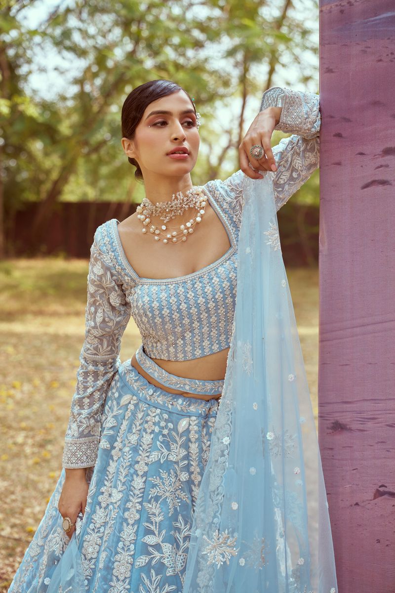 Sky Blue Organza Sequins embroidery Semi-Stitched Lehenga choli & Dupatta