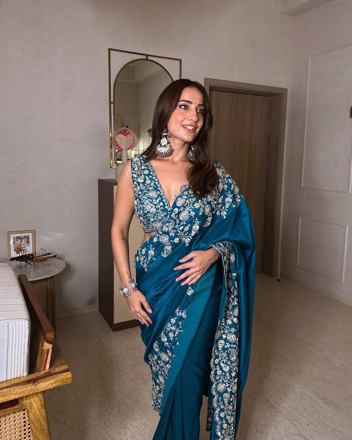 Blue Havy Chinon Thred & Sequnce work Saree - INSPIRED