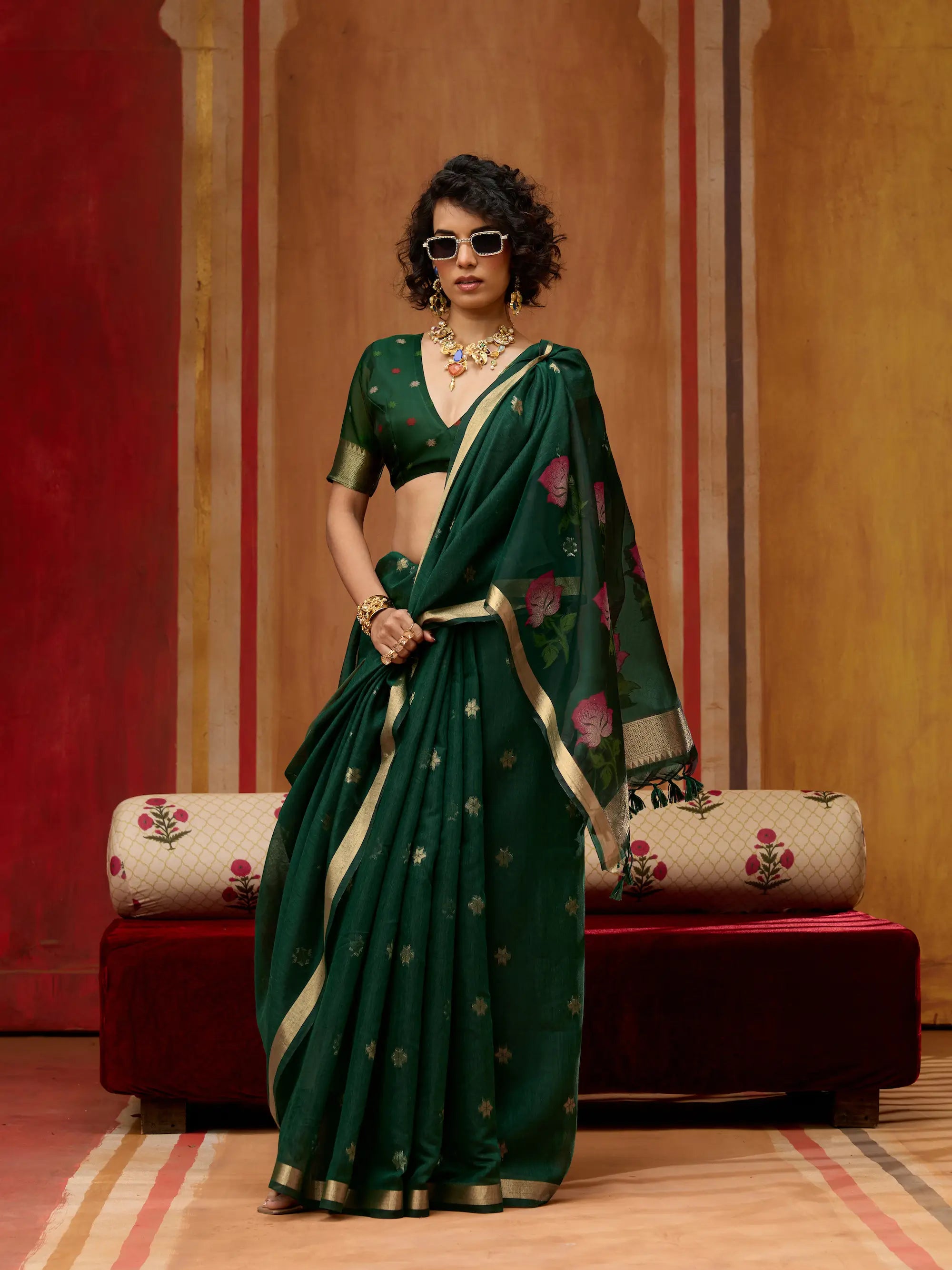 Deep Green Cotton Handloom Weaving Saree