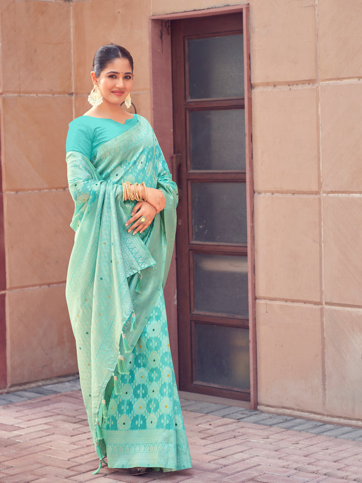 SKY BLUE COLOR LINEN LUCKNOWI WEAVING SILK SAREE