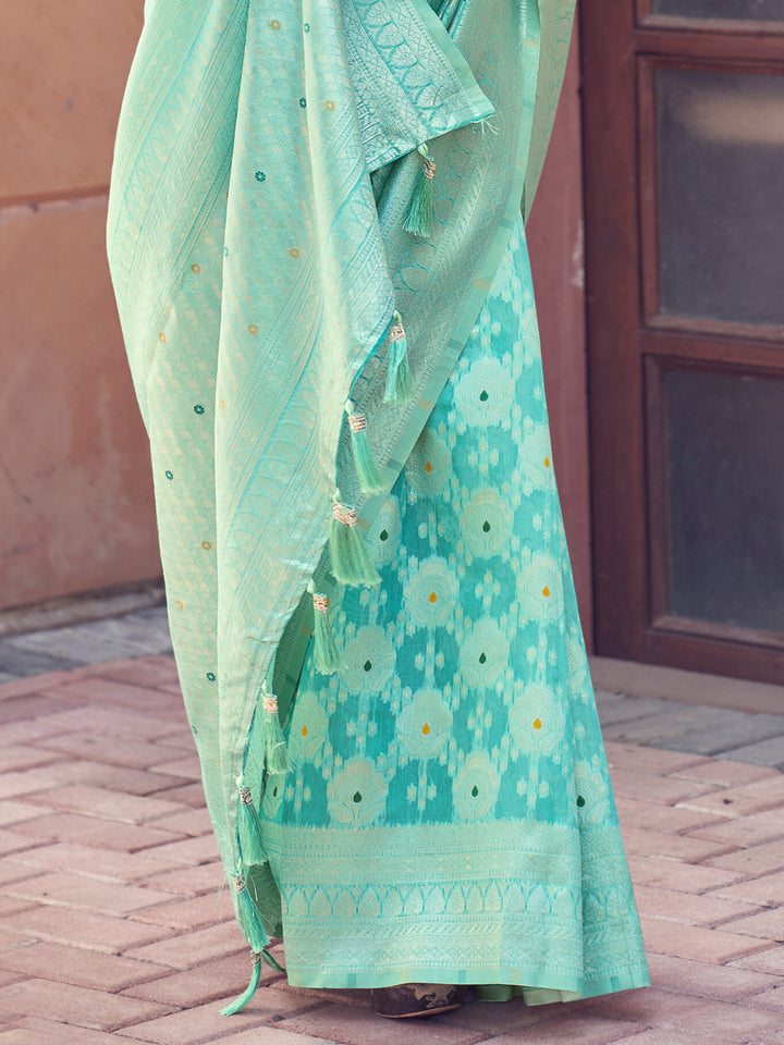 SKY BLUE COLOR LINEN LUCKNOWI WEAVING SILK SAREE