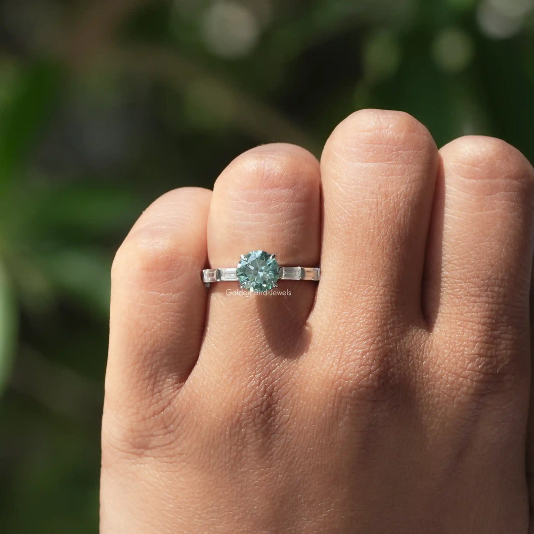 Round And Baguette Moissanite Accent Engagement Ring