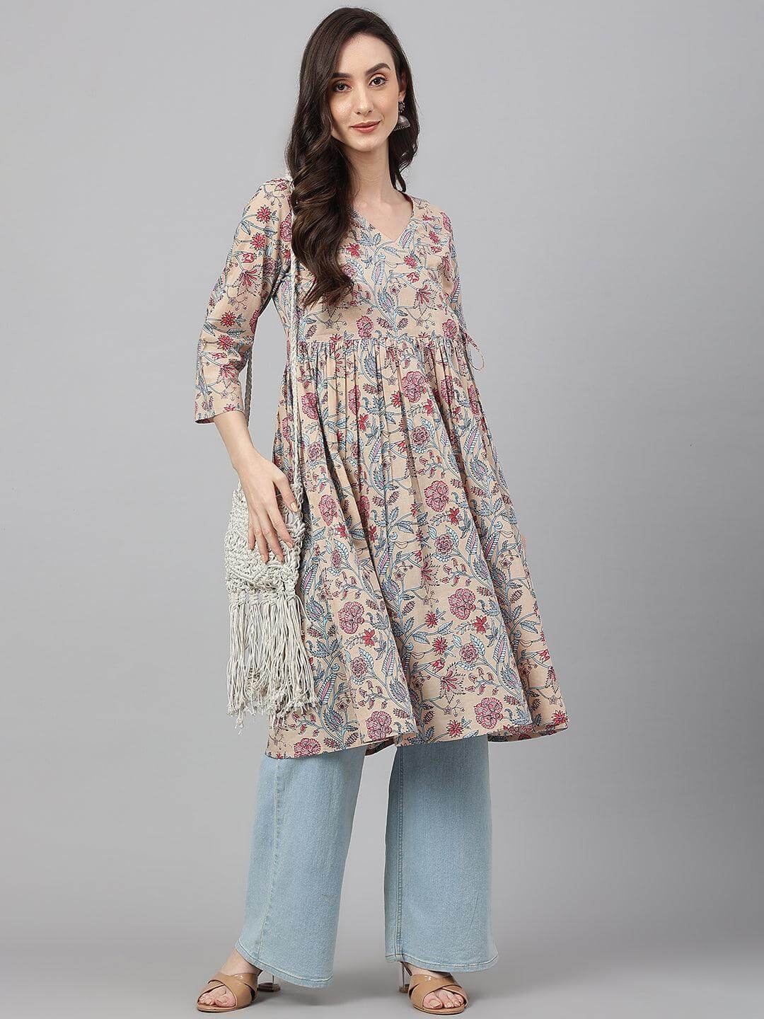 Beige Cotton Floral Print Angrakha Kurta  - By Janasya