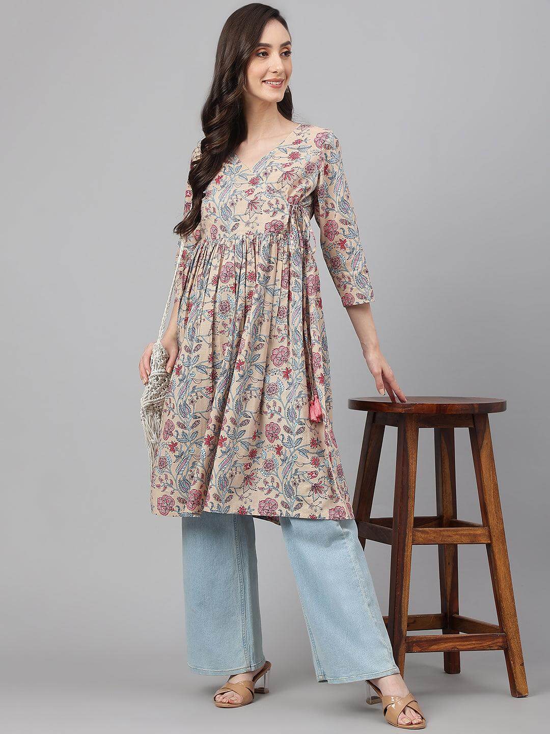 Beige Cotton Floral Print Angrakha Kurta  - By Janasya