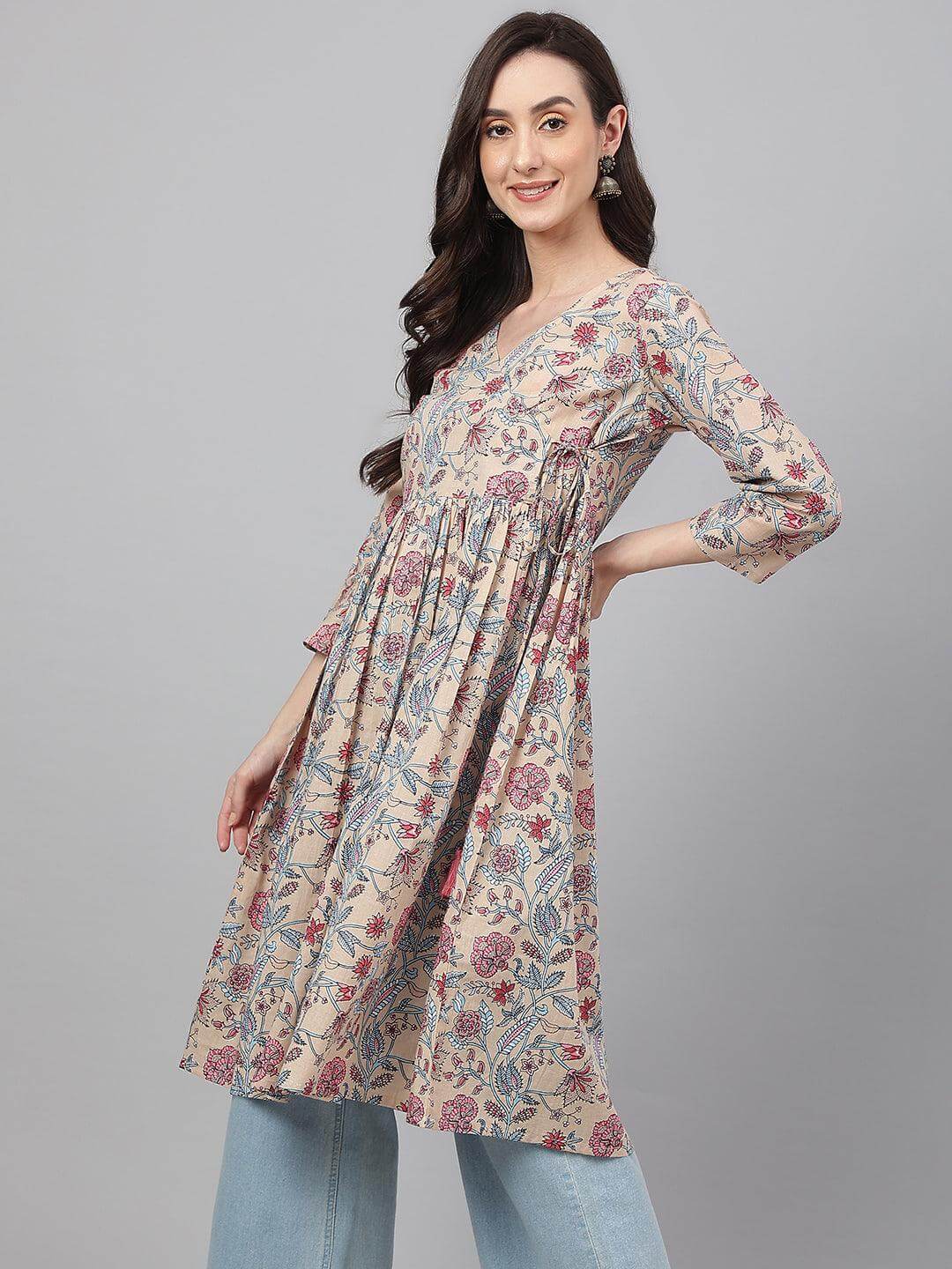 Beige Cotton Floral Print Angrakha Kurta  - By Janasya