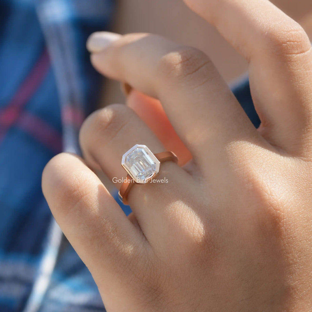 Moissanite Emerald Cut Fancy Bezel Set Ring