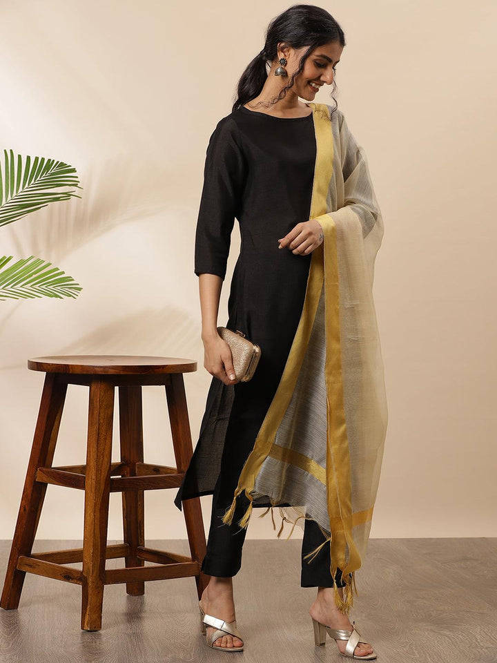 Black Poly Silk Solid Kurta with Pant and Dupatta  - By Janasya