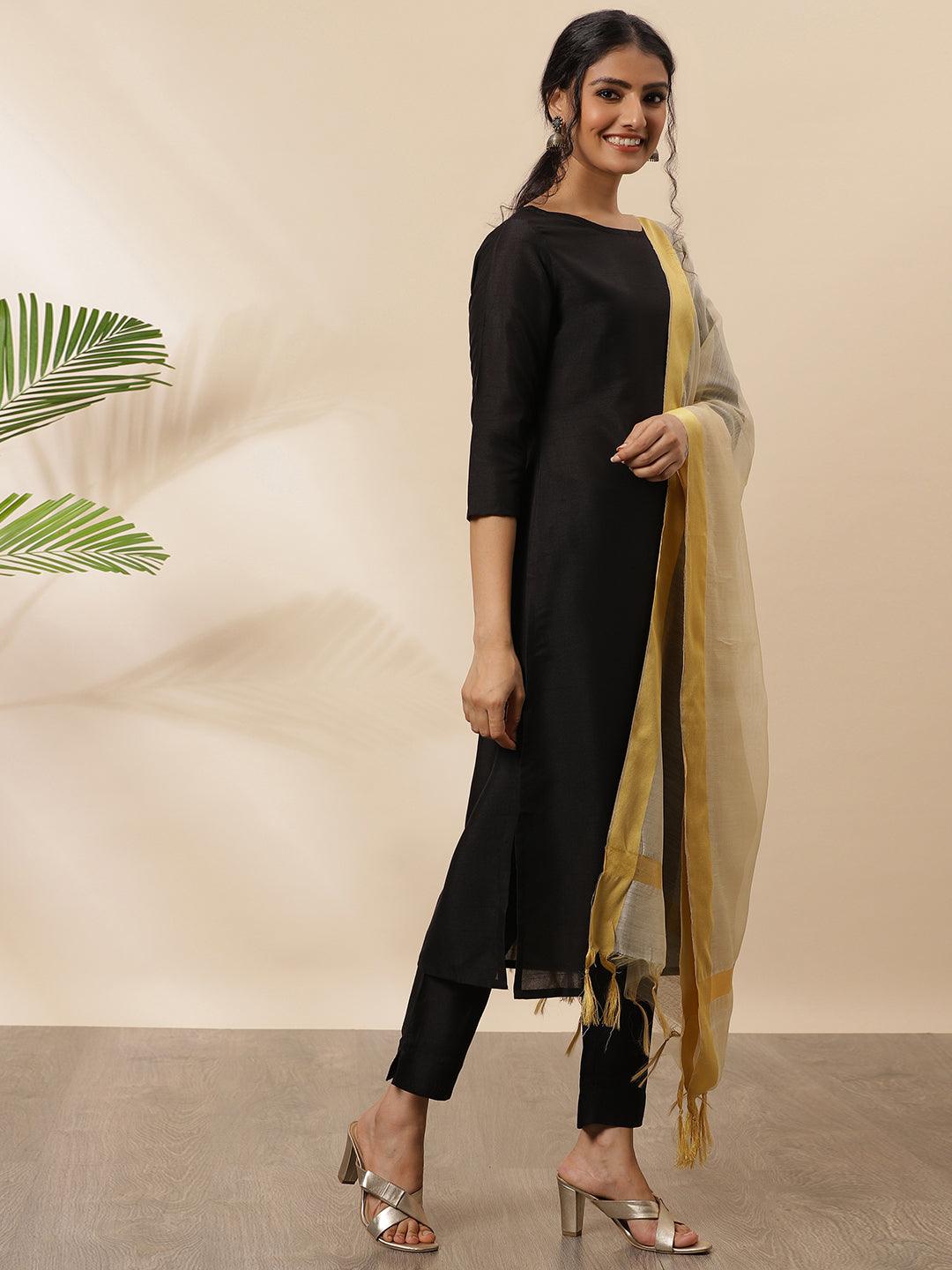 Black Poly Silk Solid Kurta with Pant and Dupatta  - By Janasya