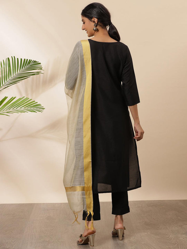 Black Poly Silk Solid Kurta with Pant and Dupatta  - By Janasya