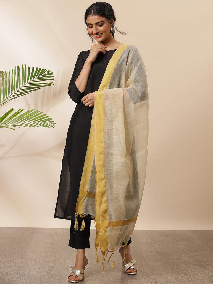 Black Poly Silk Solid Kurta with Pant and Dupatta  - By Janasya