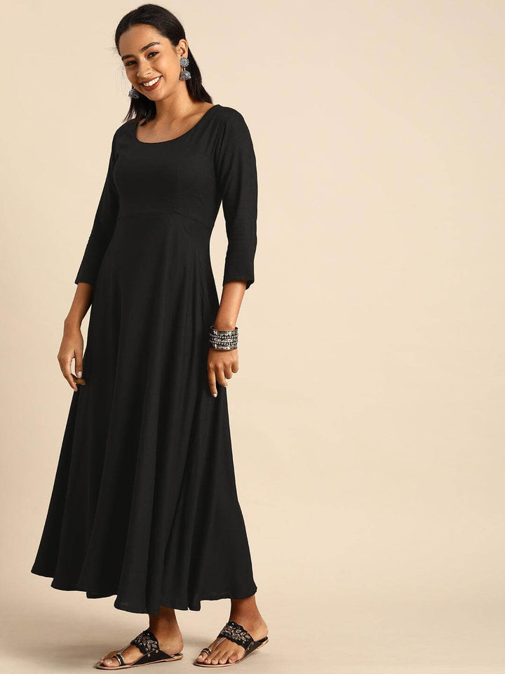 Black Rayon Solid Kurta A-Line Set  - By Janasya