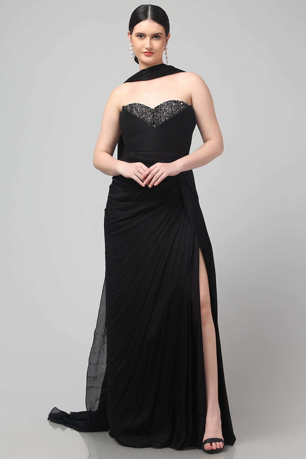 Black Embellished Strapless Saree Gown with Drape Detail