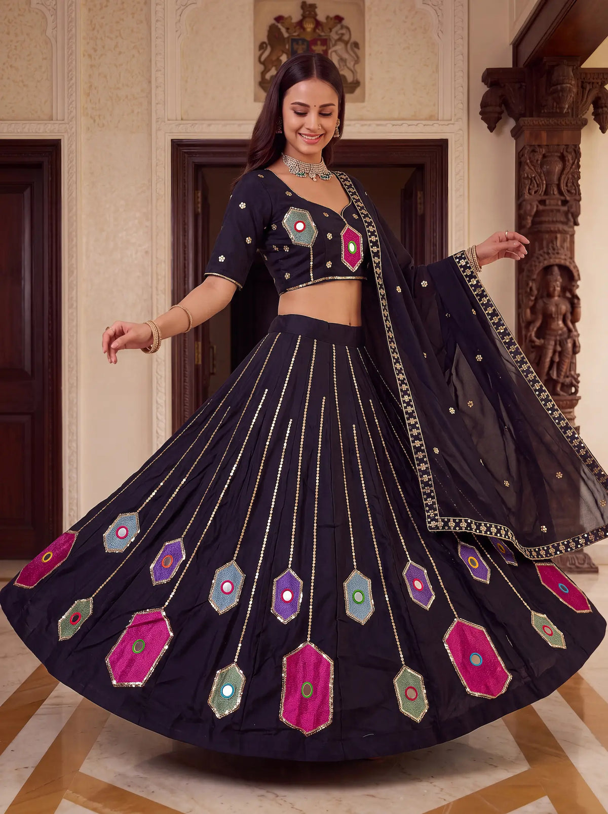 6 Meter Flair | Black Navratri Lehenga With Mirror & Embroidery