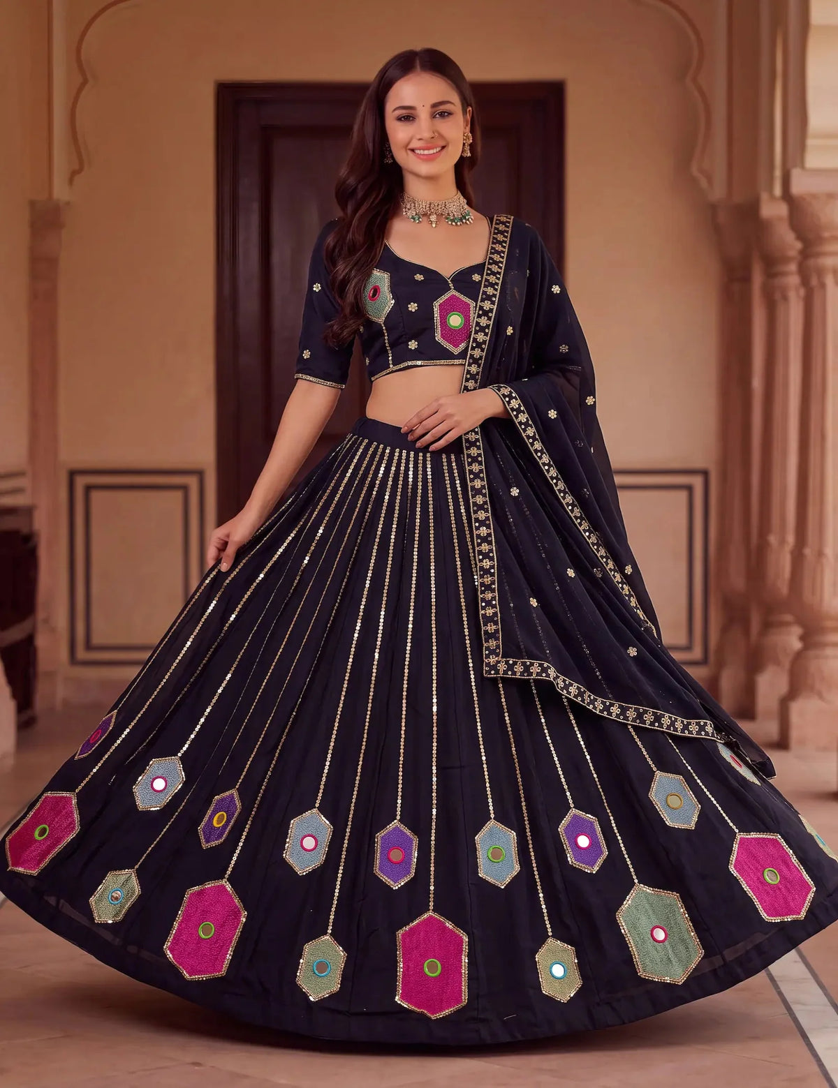 6 Meter Flair | Black Navratri Lehenga With Mirror & Embroidery