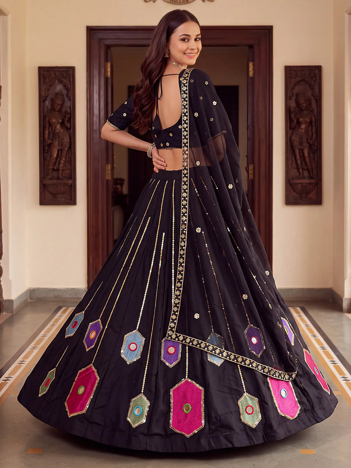 6 Meter Flair | Black Navratri Lehenga With Mirror & Embroidery