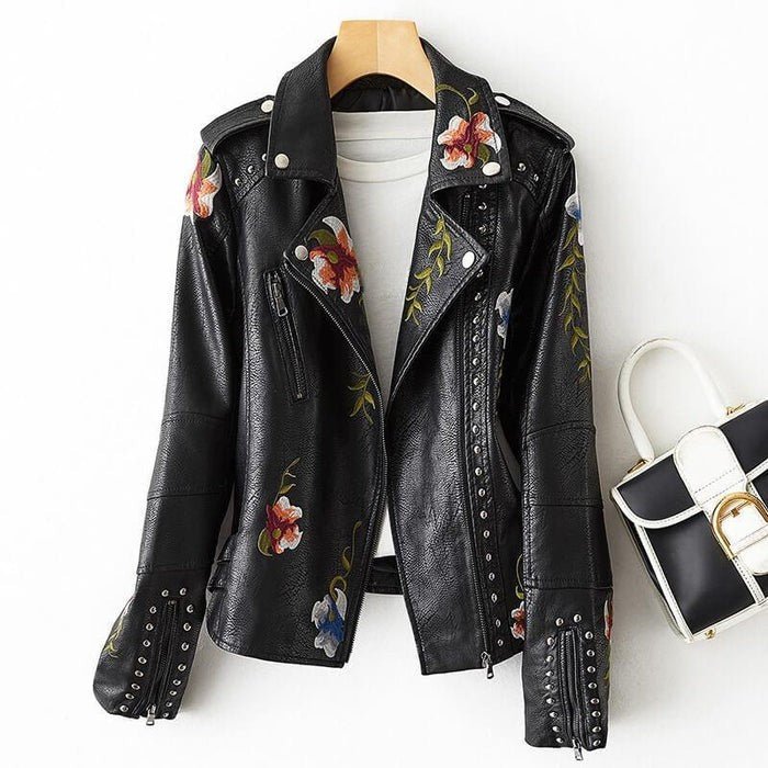 Magnolia Retro Floral Leather Jacket  - By Qivii