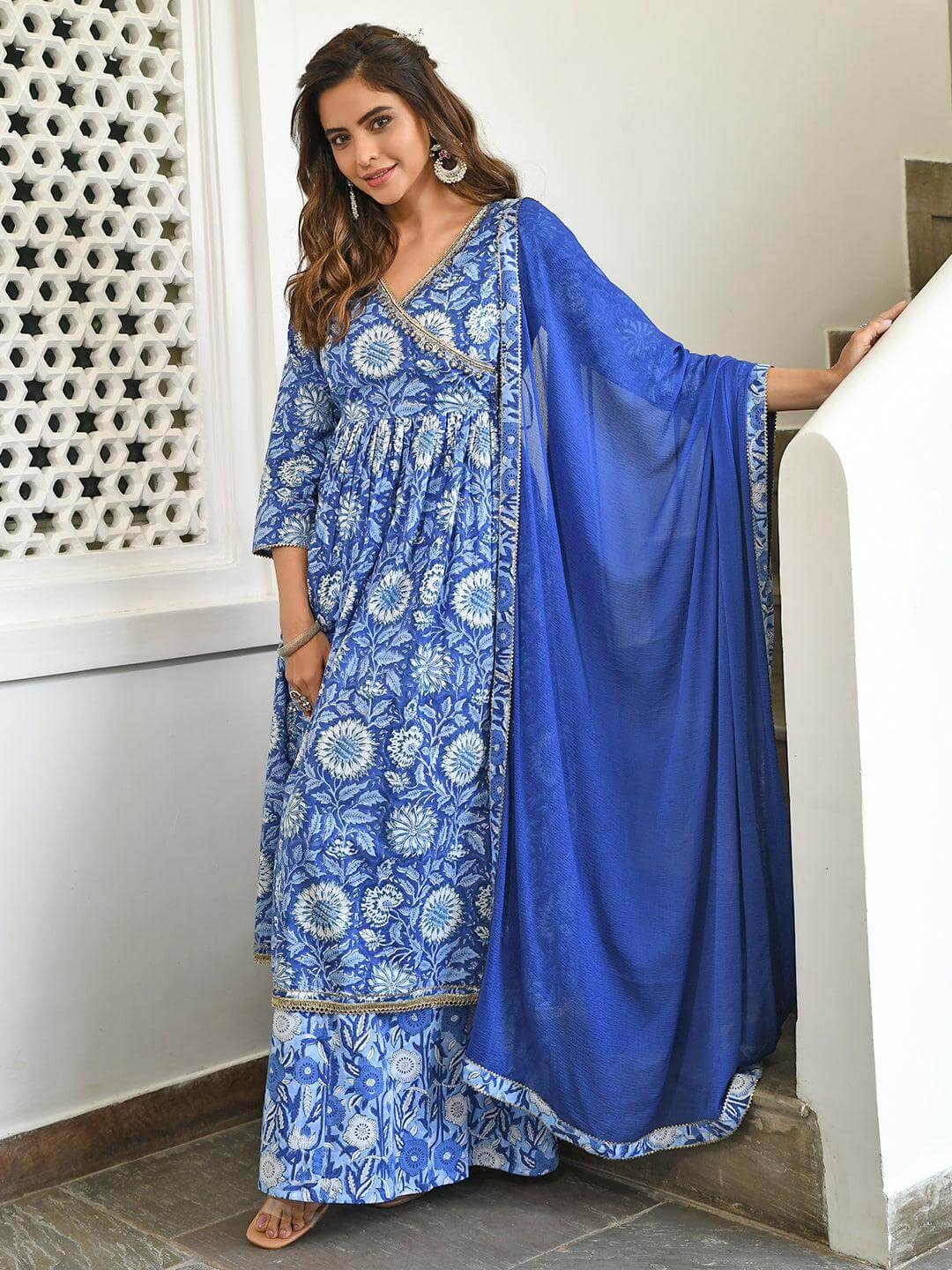 Blue Cotton Floral Block Print Kurta Palazzo Set  - By Janasya