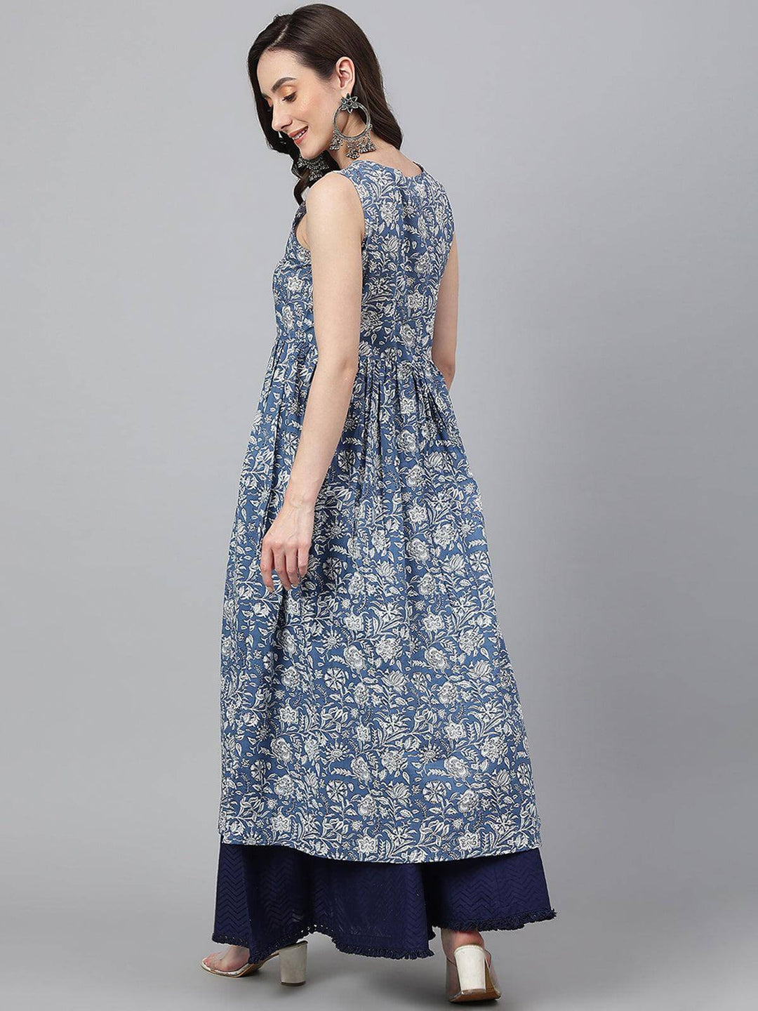 Blue Cotton Floral Print Flared Kurta  - By Janasya