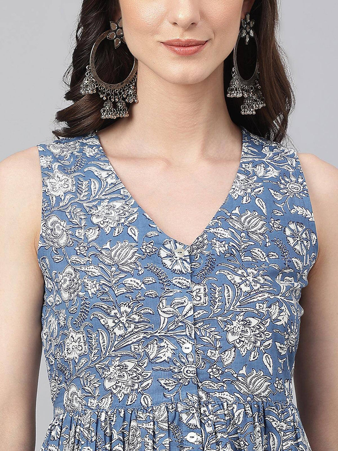 Blue Cotton Floral Print Flared Kurta  - By Janasya