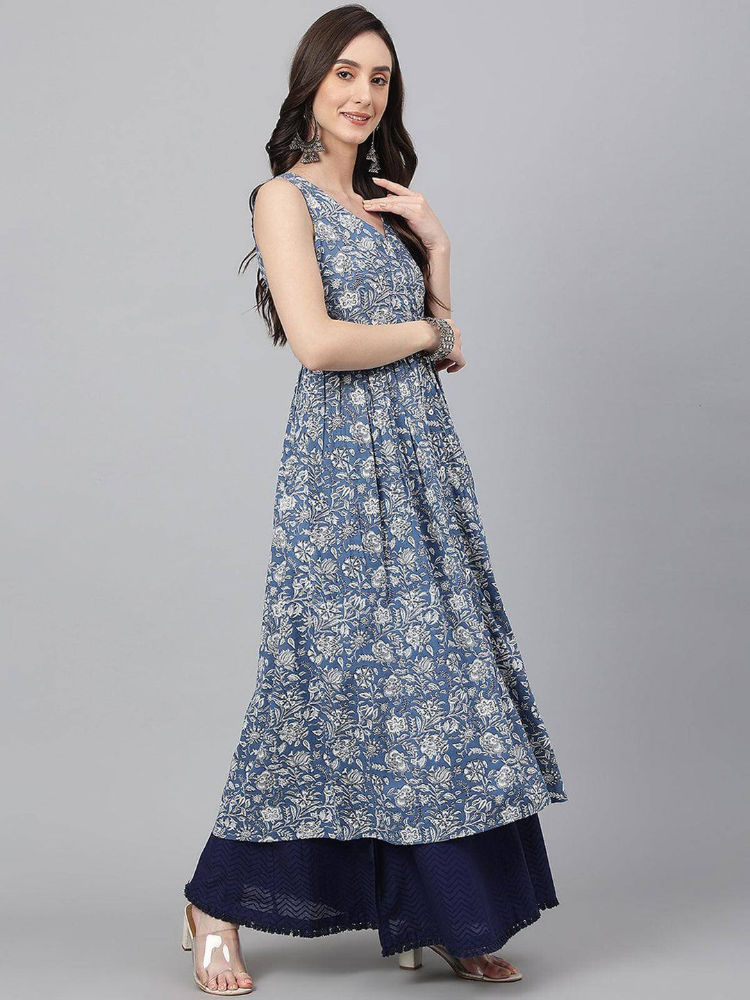 Blue Cotton Floral Print Flared Kurta  - By Janasya