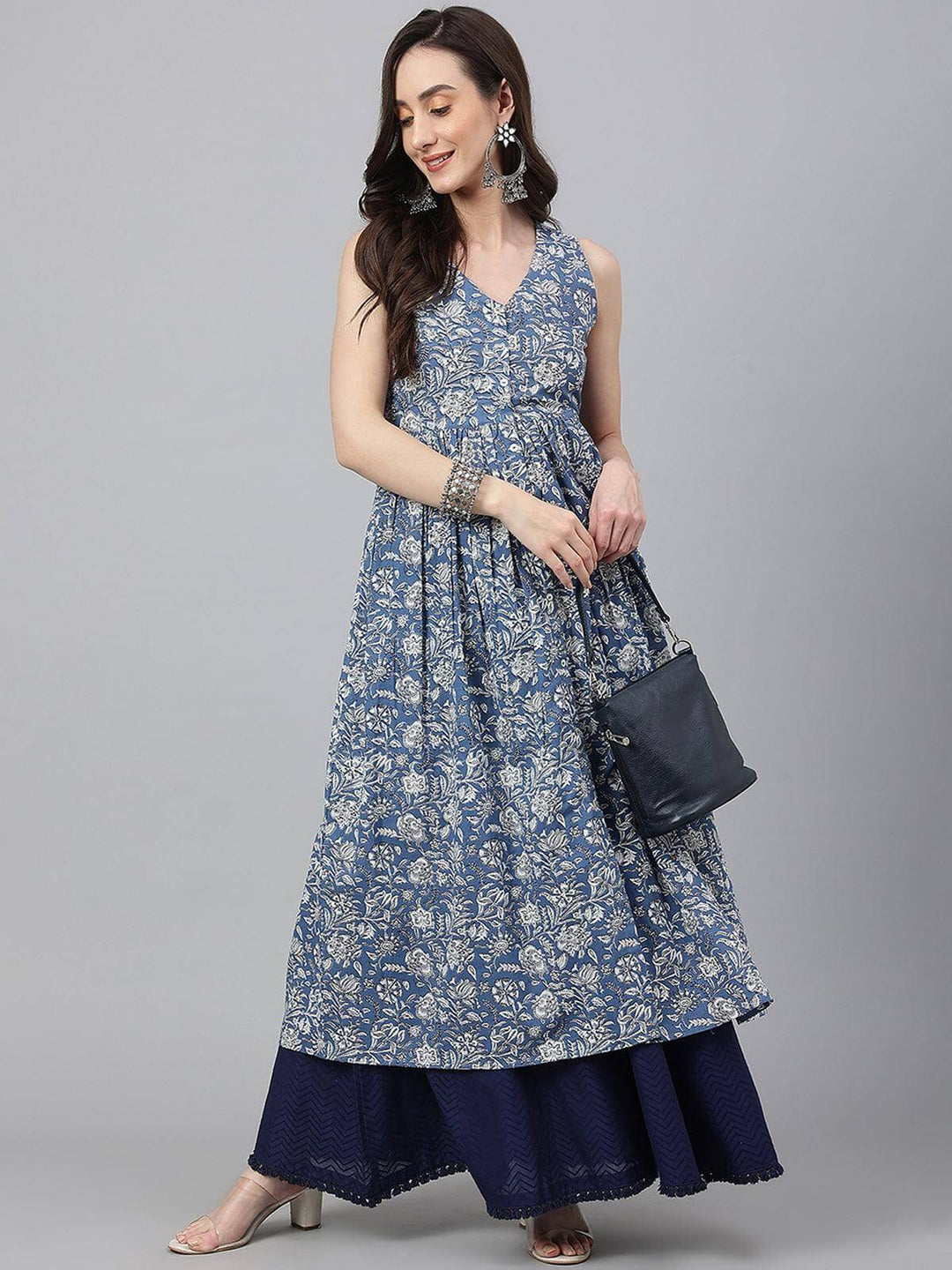 Blue Cotton Floral Print Flared Kurta  - By Janasya