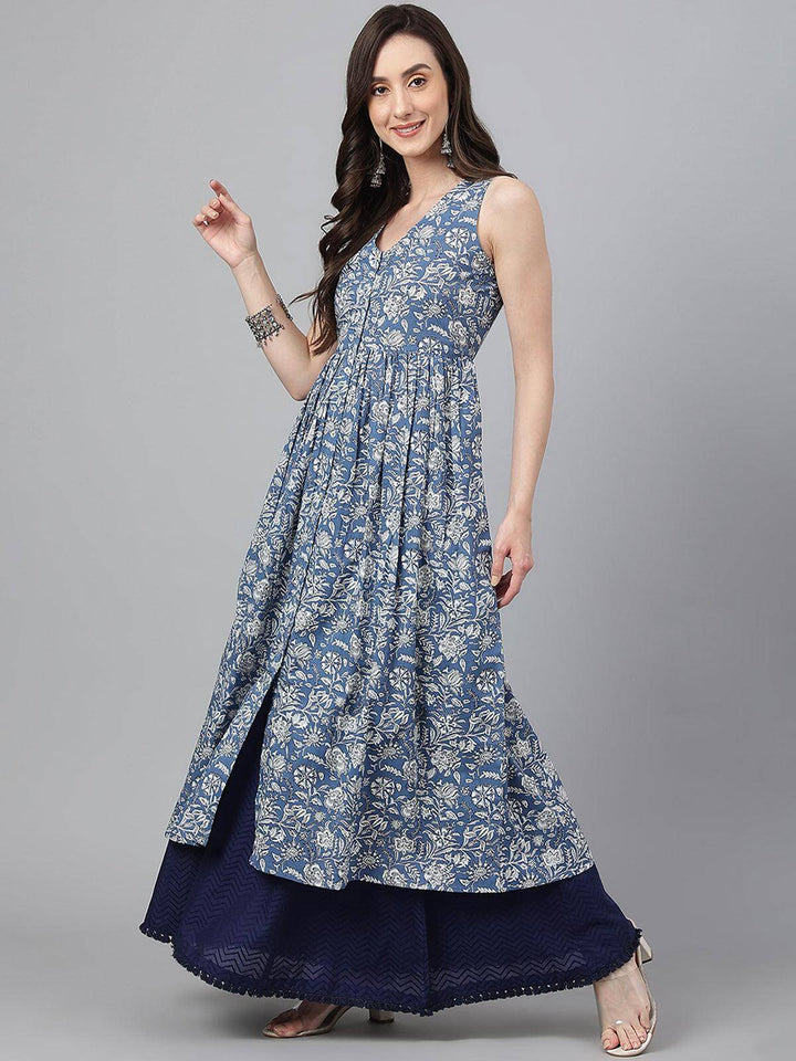 Blue Cotton Floral Print Flared Kurta  - By Janasya