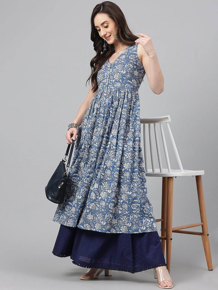 Blue Cotton Floral Print Flared Kurta  - By Janasya