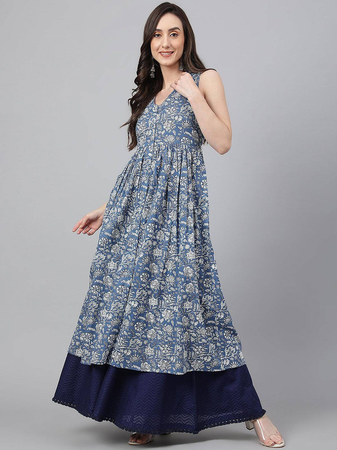 Blue Cotton Floral Print Flared Kurta  - By Janasya