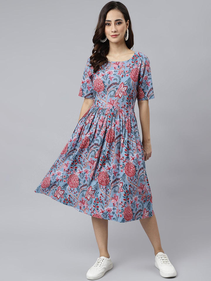 Blue Cotton Floral Print Flared Western Dress  - By Janasya