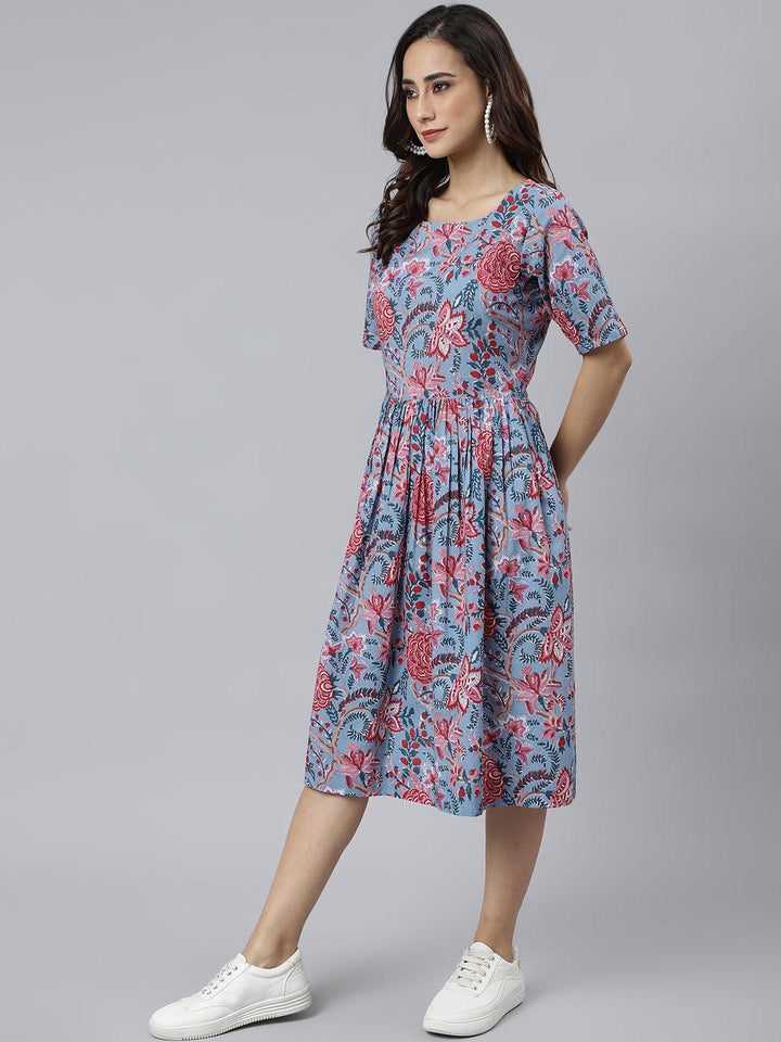 Blue Cotton Floral Print Flared Western Dress  - By Janasya