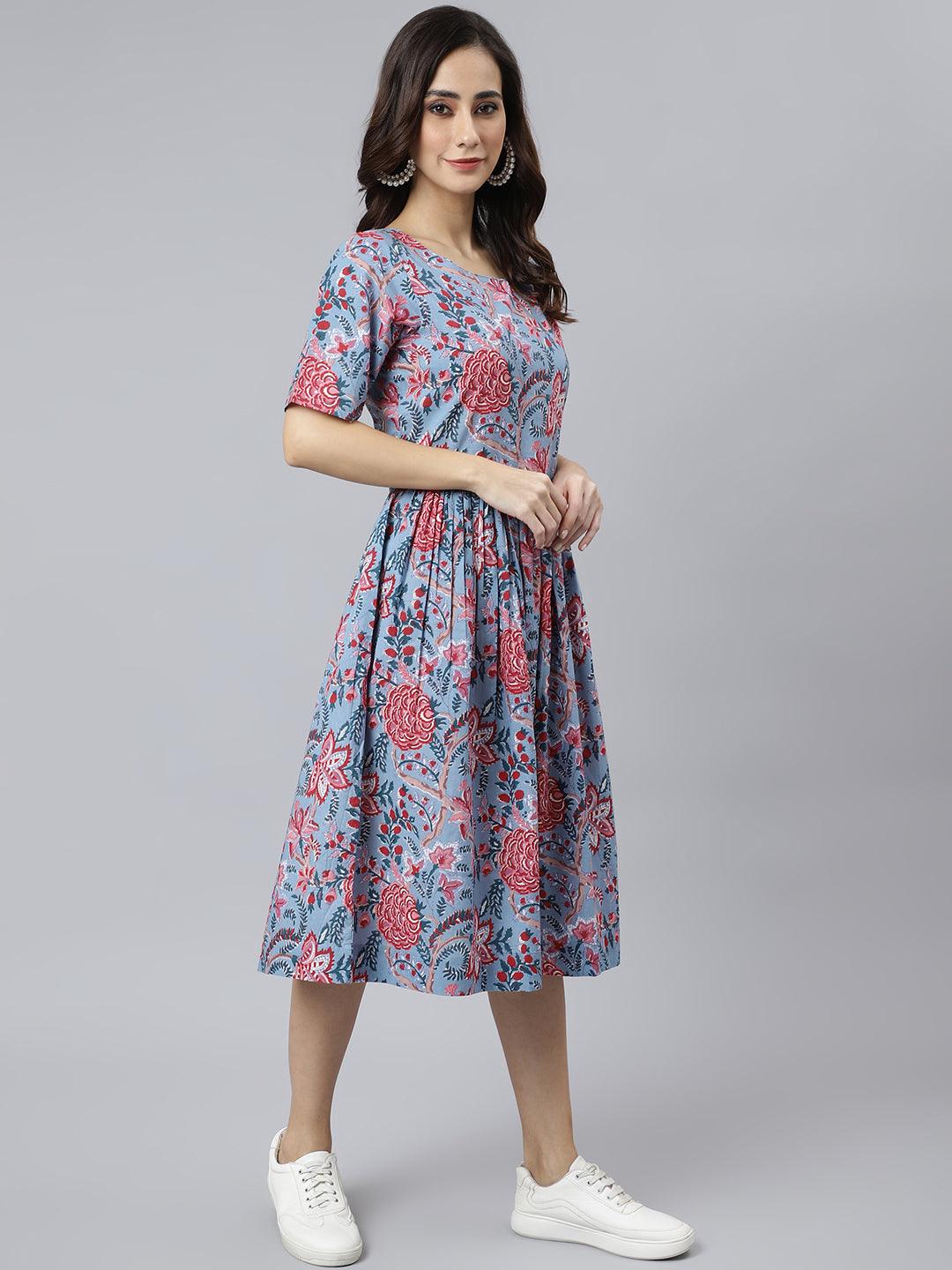 Blue Cotton Floral Print Flared Western Dress  - By Janasya