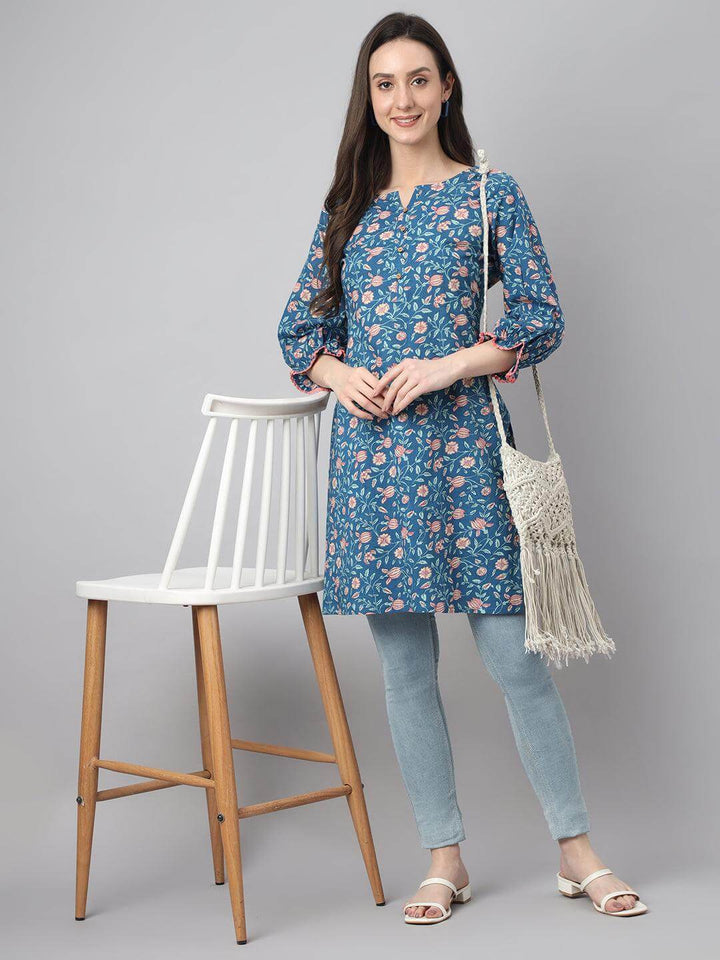 Blue Cotton Floral Print Regular Tunic  - By Janasya