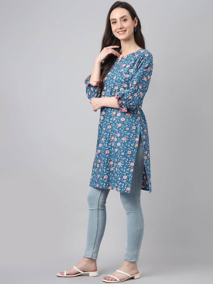 Blue Cotton Floral Print Regular Tunic  - By Janasya