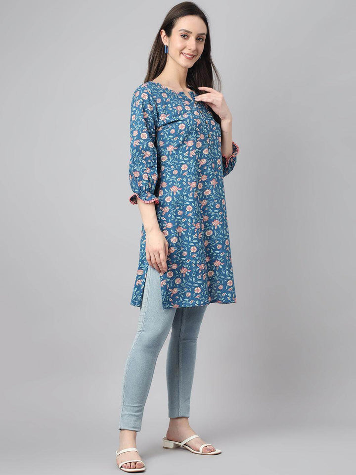 Blue Cotton Floral Print Regular Tunic  - By Janasya