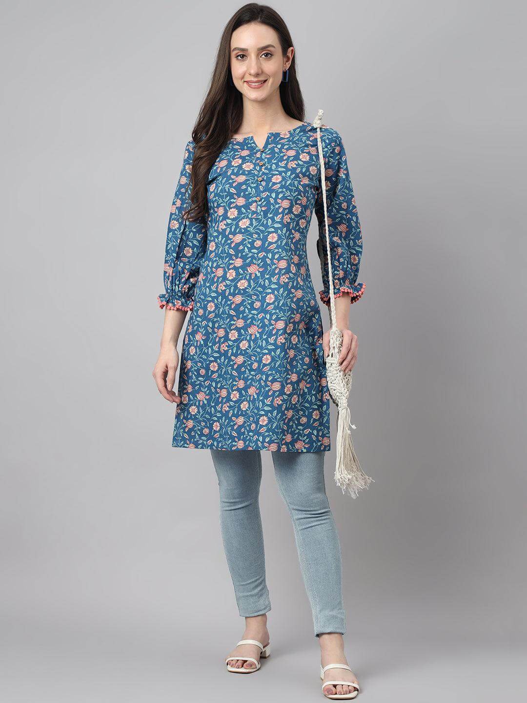 Blue Cotton Floral Print Regular Tunic  - By Janasya