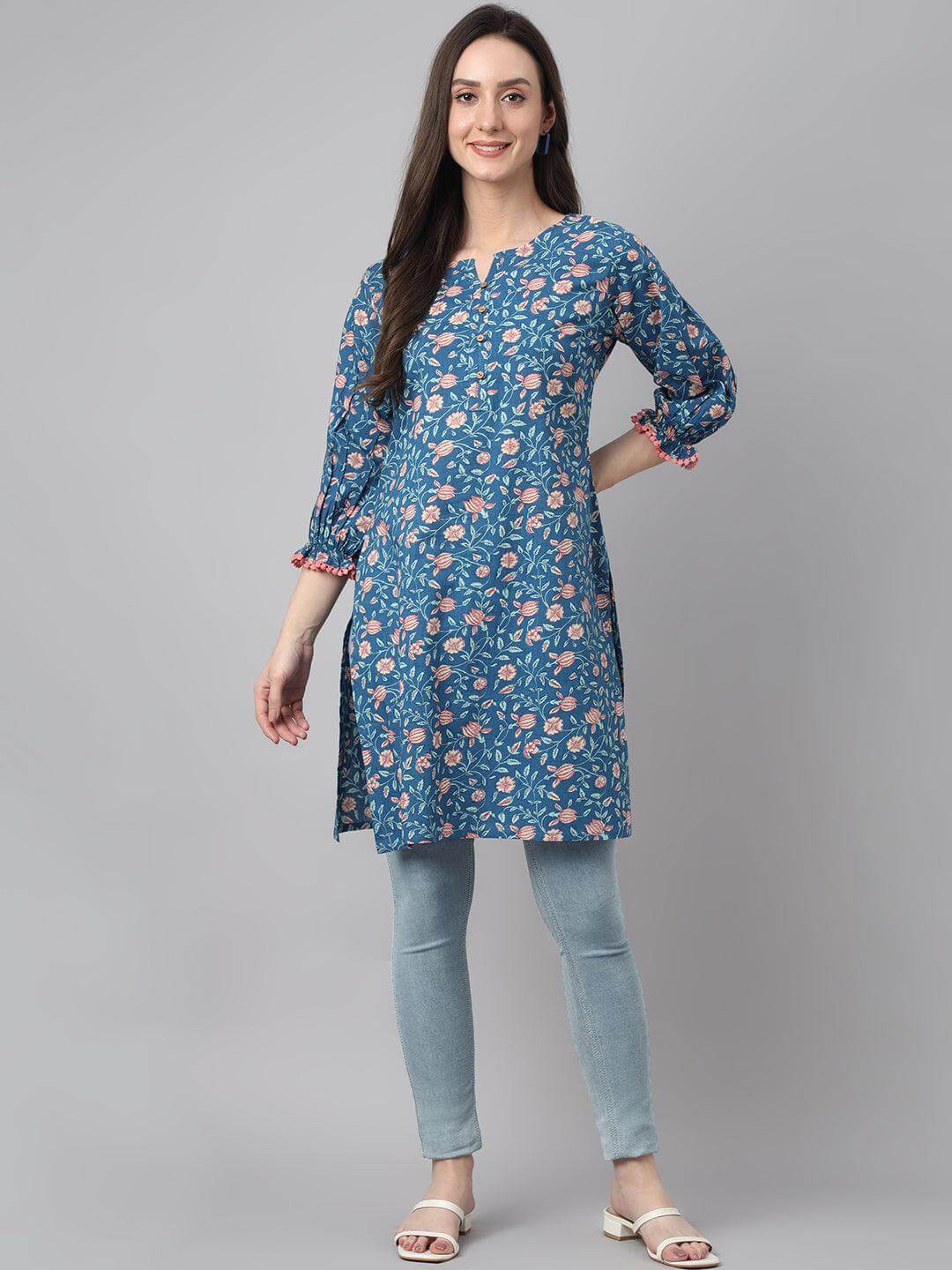 Blue Cotton Floral Print Regular Tunic  - By Janasya