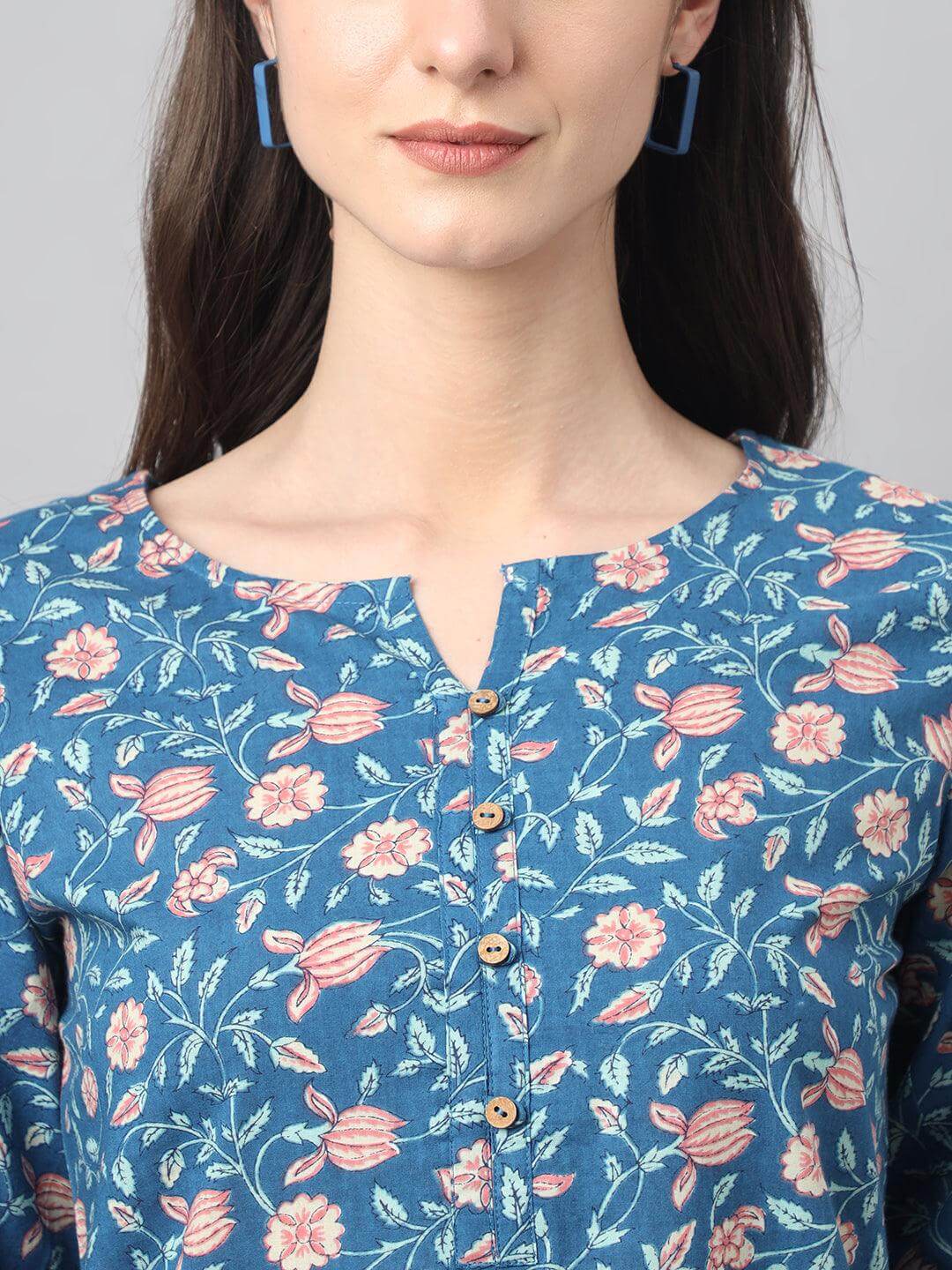 Blue Cotton Floral Print Regular Tunic  - By Janasya