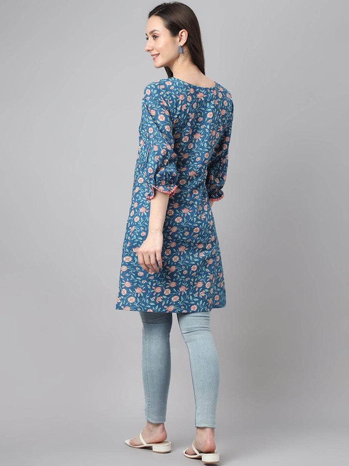 Blue Cotton Floral Print Regular Tunic  - By Janasya