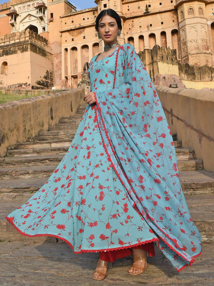 Blue Georgette Floral Print Kurta Palazzo Set  - By Janasya