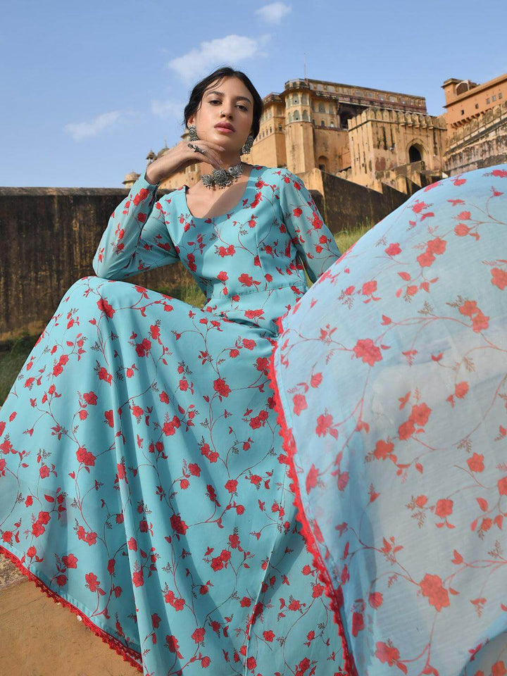 Blue Georgette Floral Print Kurta Palazzo Set  - By Janasya