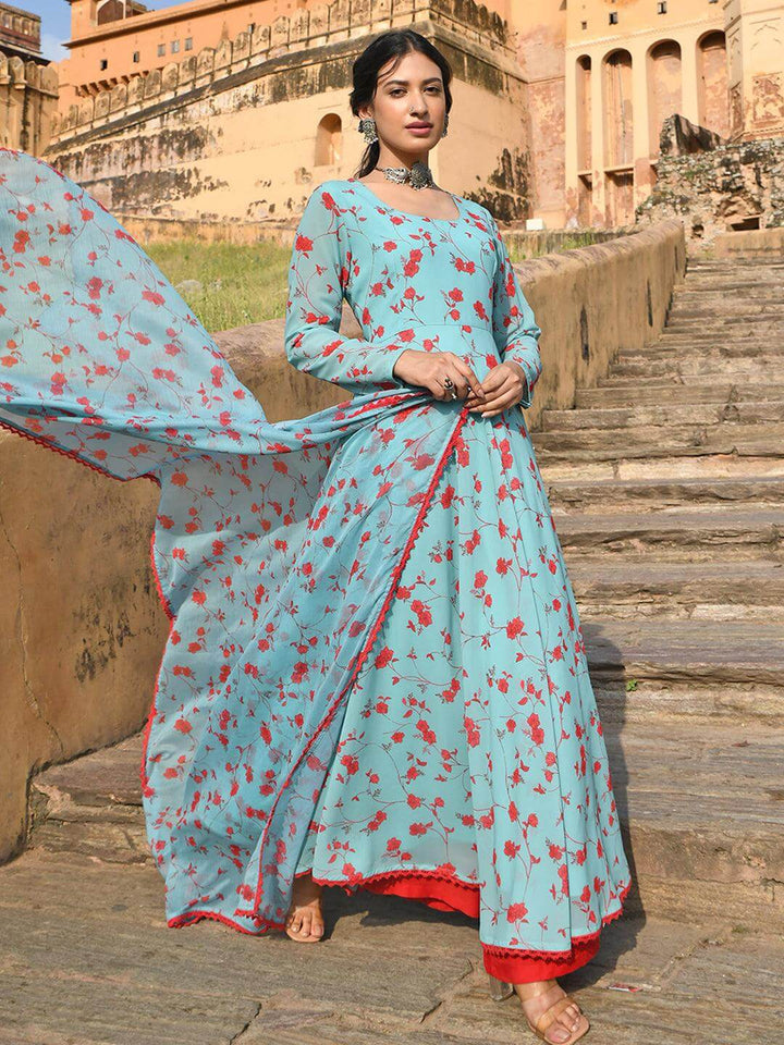 Blue Georgette Floral Print Kurta Palazzo Set  - By Janasya