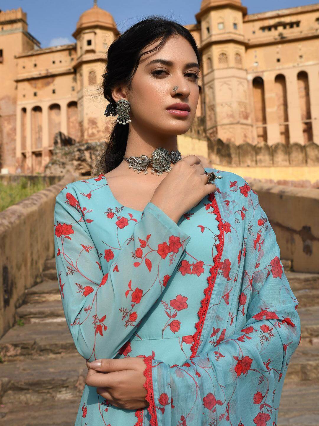 Blue Georgette Floral Print Kurta Palazzo Set  - By Janasya