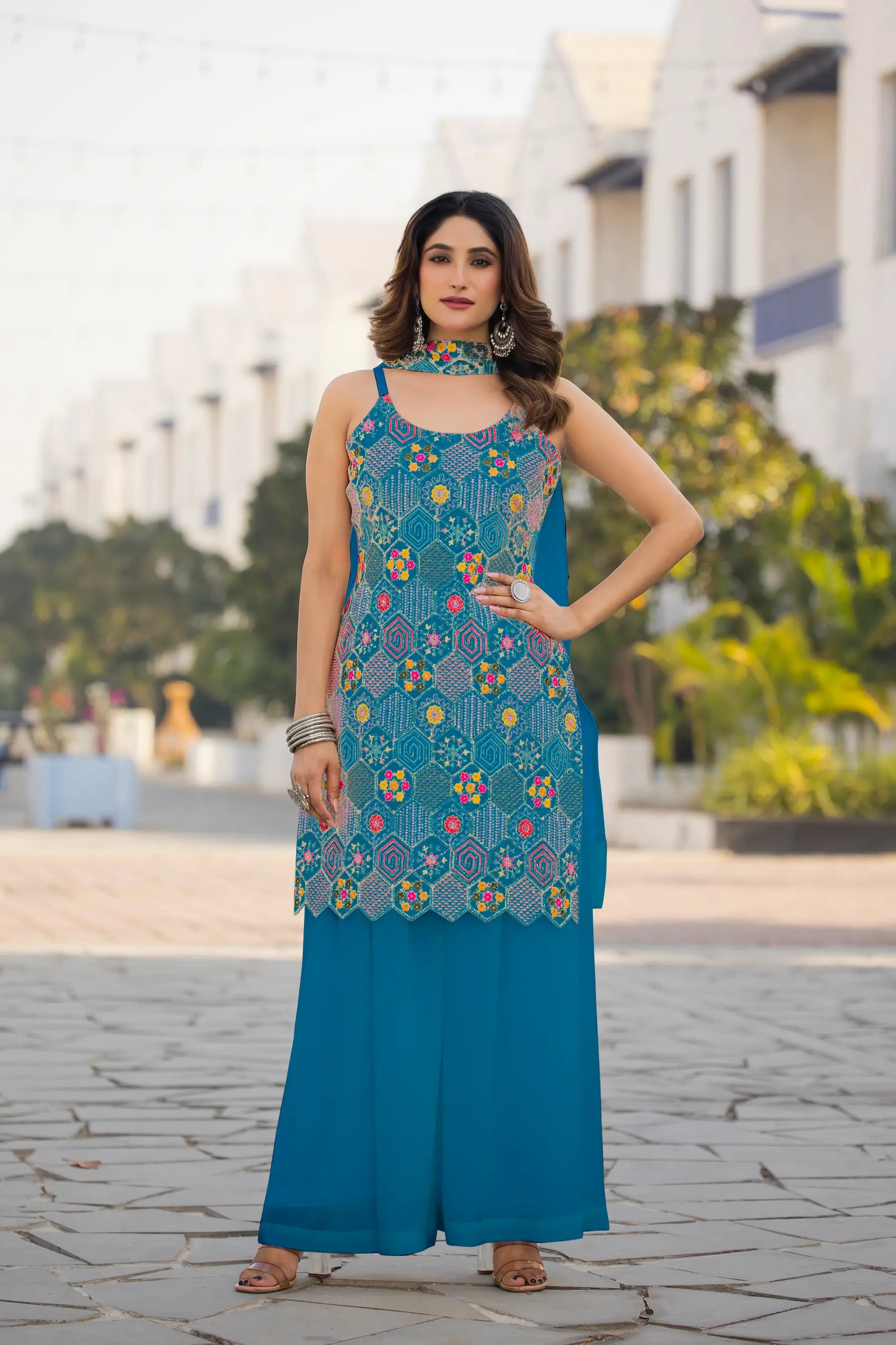 Blue Chinon Sequence Embroidery Work Salwar Suit - qivii