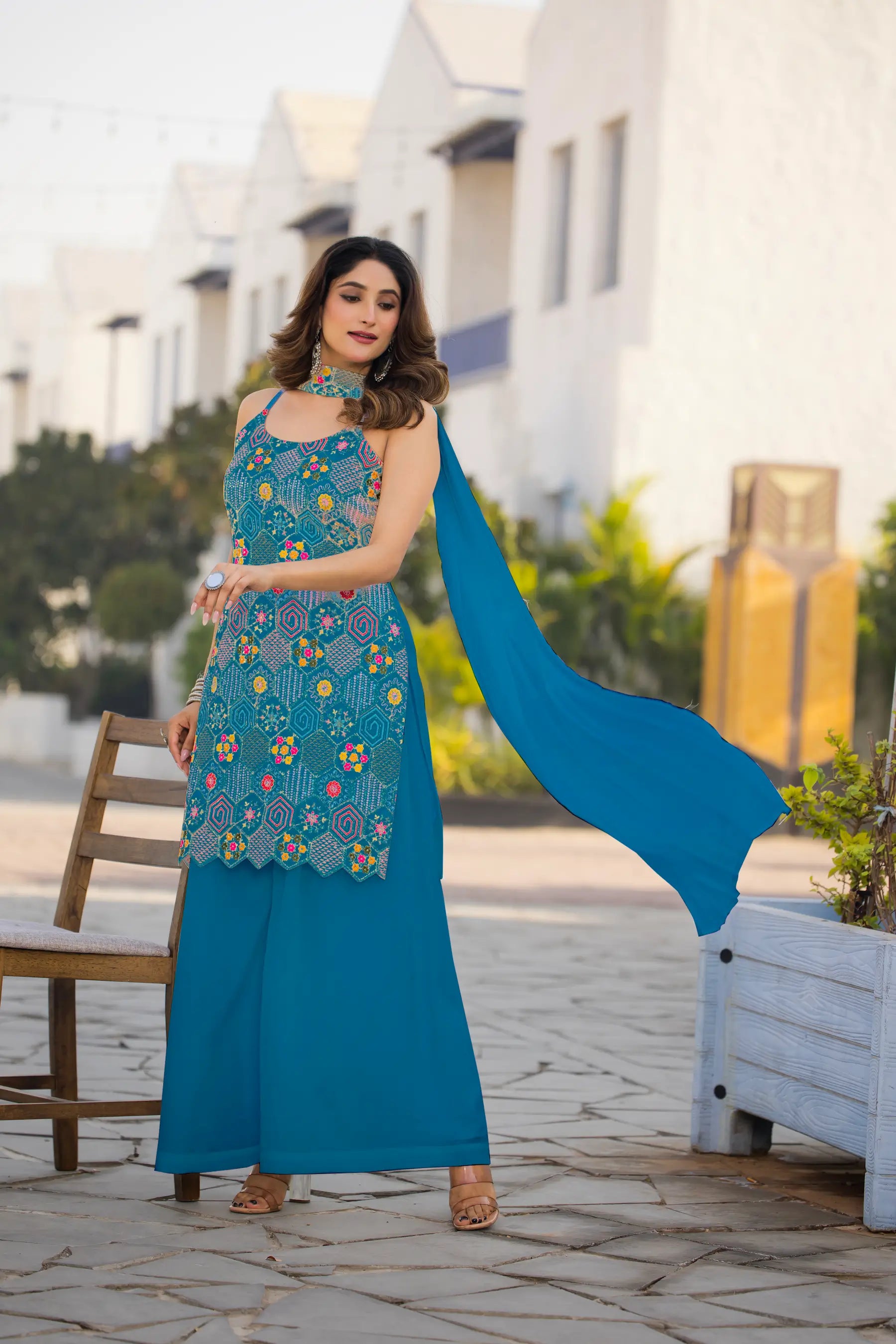 Blue Chinon Sequence Embroidery Work Salwar Suit - qivii