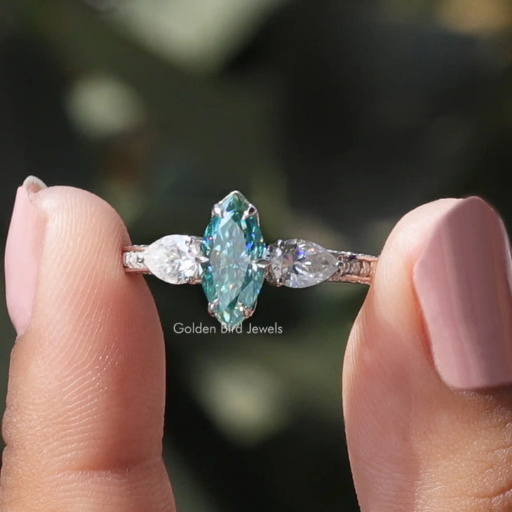 Blue Marquise Cut Moissanite Three Stone Ring