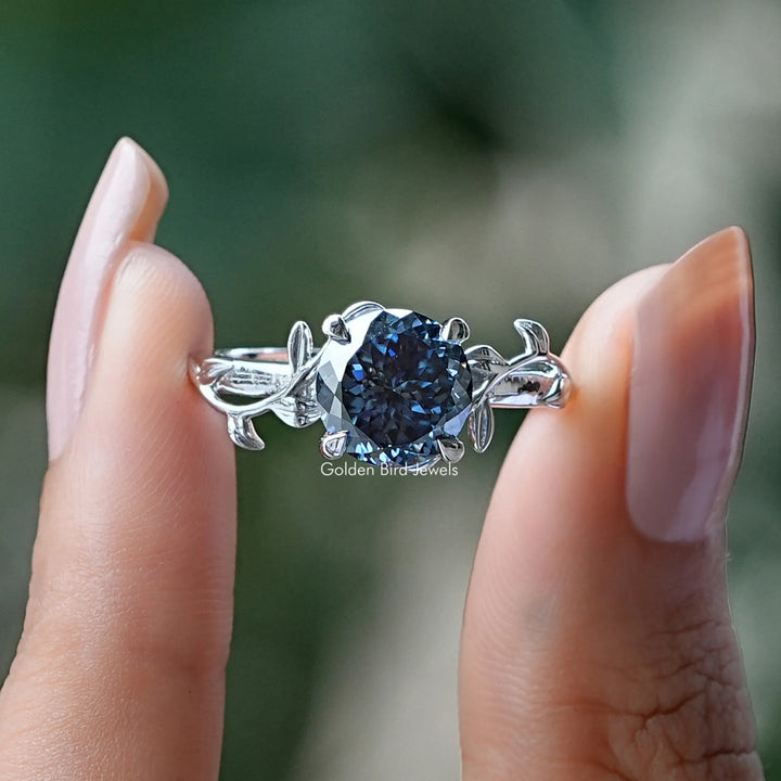 Blue Portuguese Cut Round Moissanite Ring