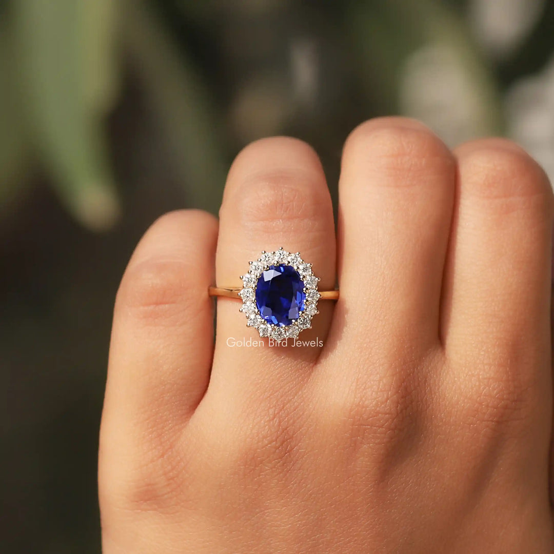 Blue Sapphire Oval Cut Halo Ring