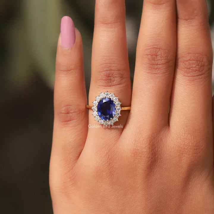 Blue Sapphire Oval Cut Halo Ring