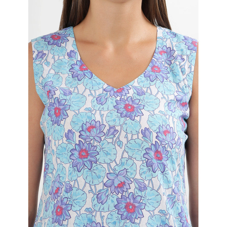 Blue Floral Print Sleeveless A-line Kurta set - qivii